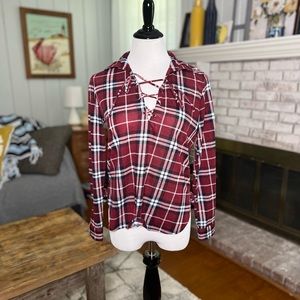 Juniors Polly & Esther Red Plaid Shirt Tie Front